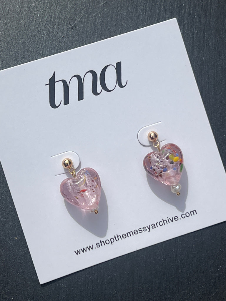 Pink Glass Heart Studs